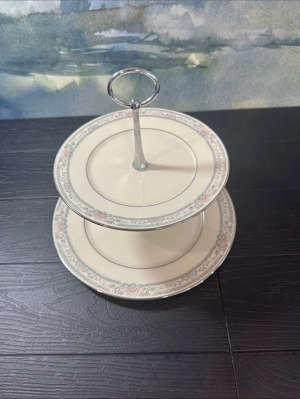 Lenox  Charleston Two Tier Cream and Pink, Silver Rimmed. Floral Serving Stand